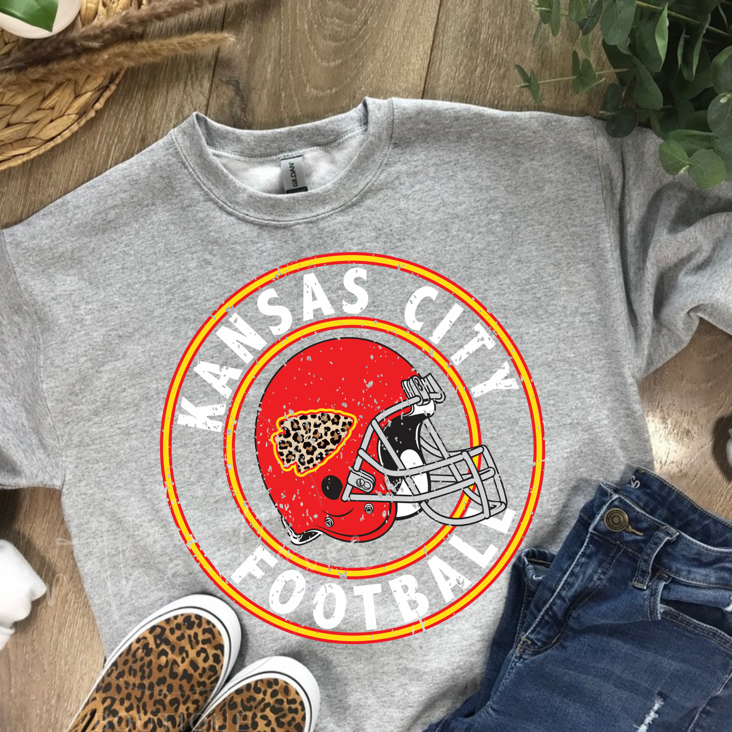 Kansas City Circle/Leopard Arrowhead Grey Crewneck