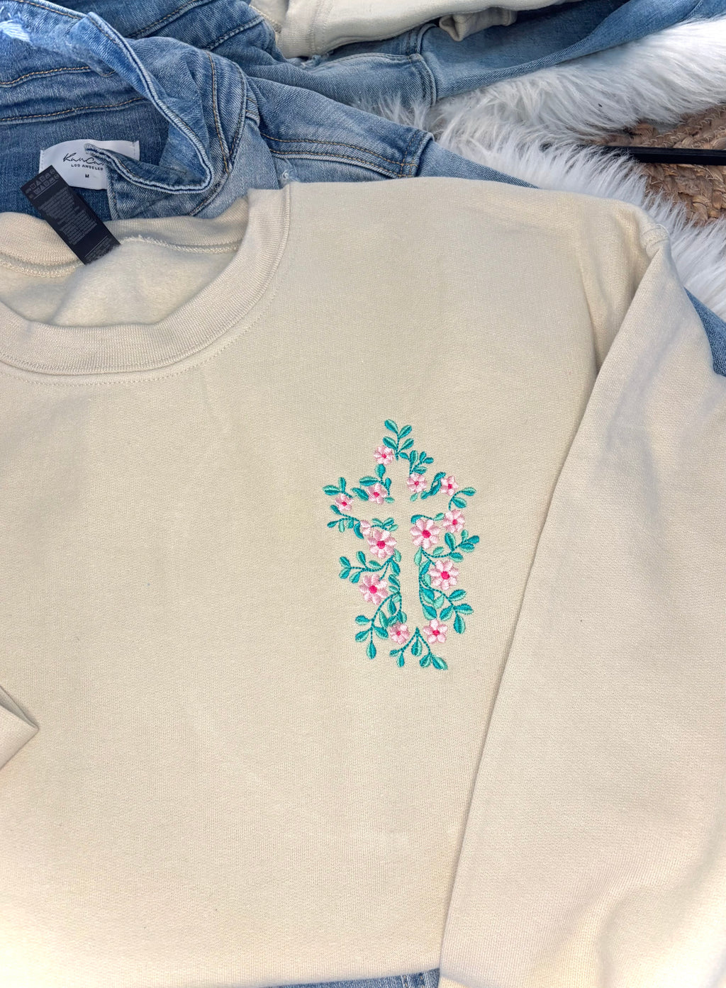 Embroidered Floral Cross - Sand Crewneck