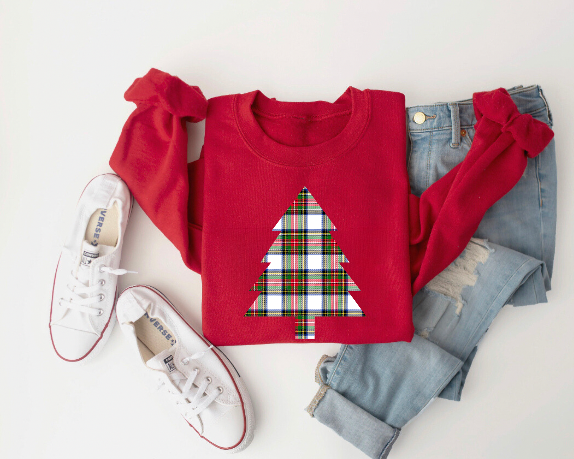Plaid Christmas Tree Red Crewneck