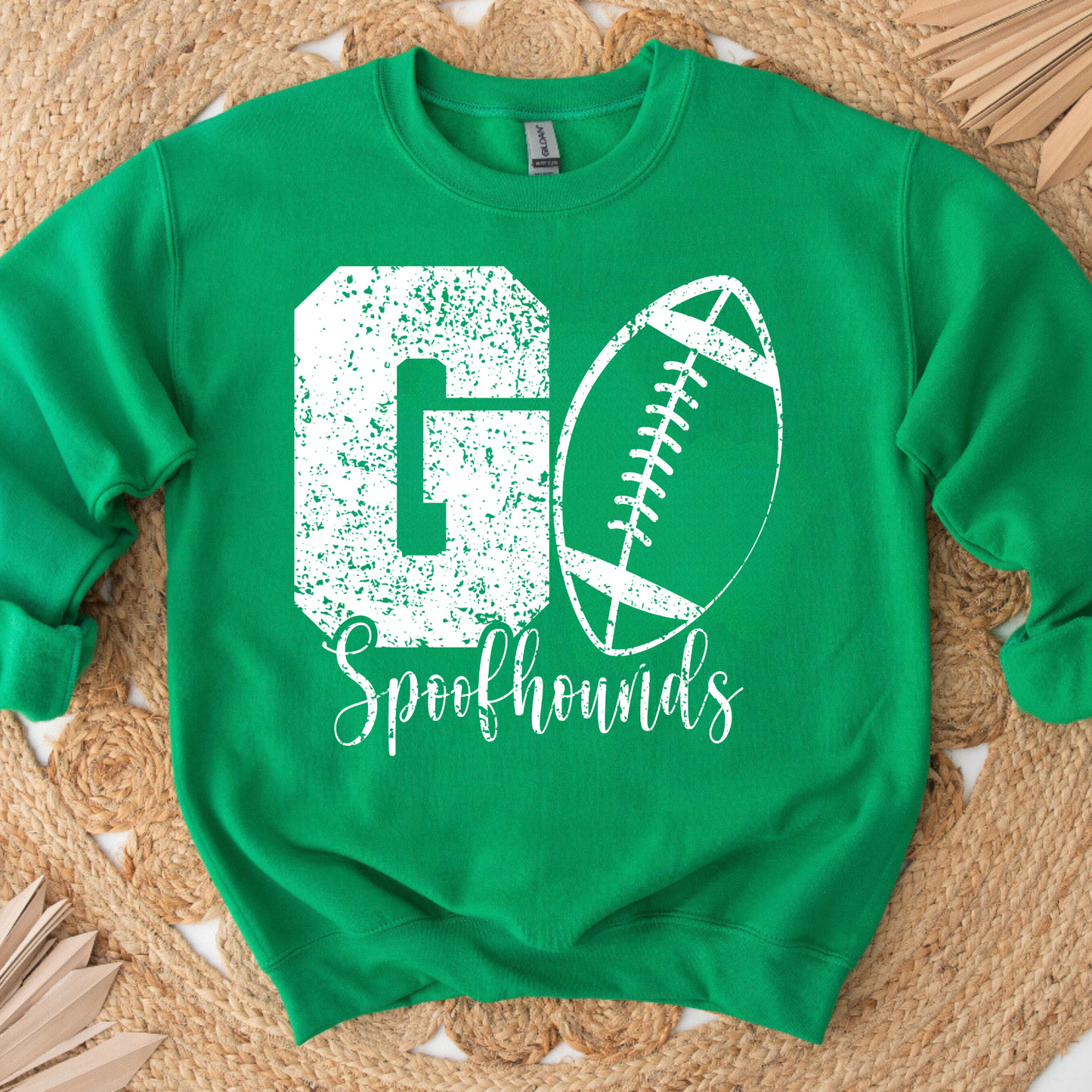 Go Spoofhounds Football Distressed Kelly Green Crewneck