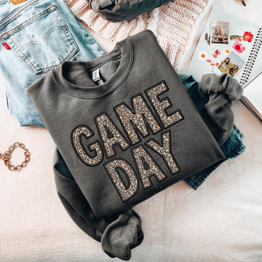 Leopard GAME DAY Black Faux Embroidery Charcoal Crewneck