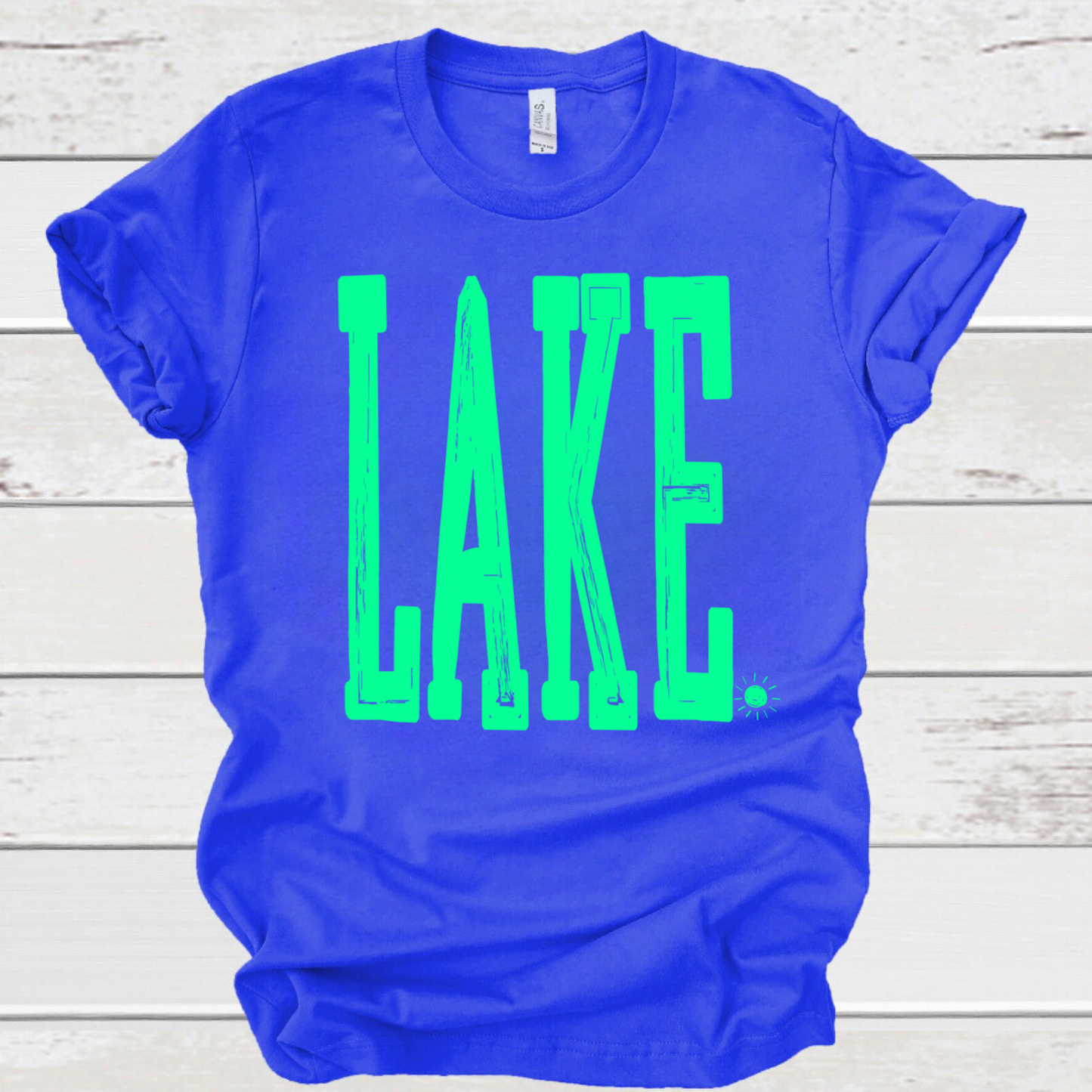 Neon Green LAKE on Blue Bella Tee