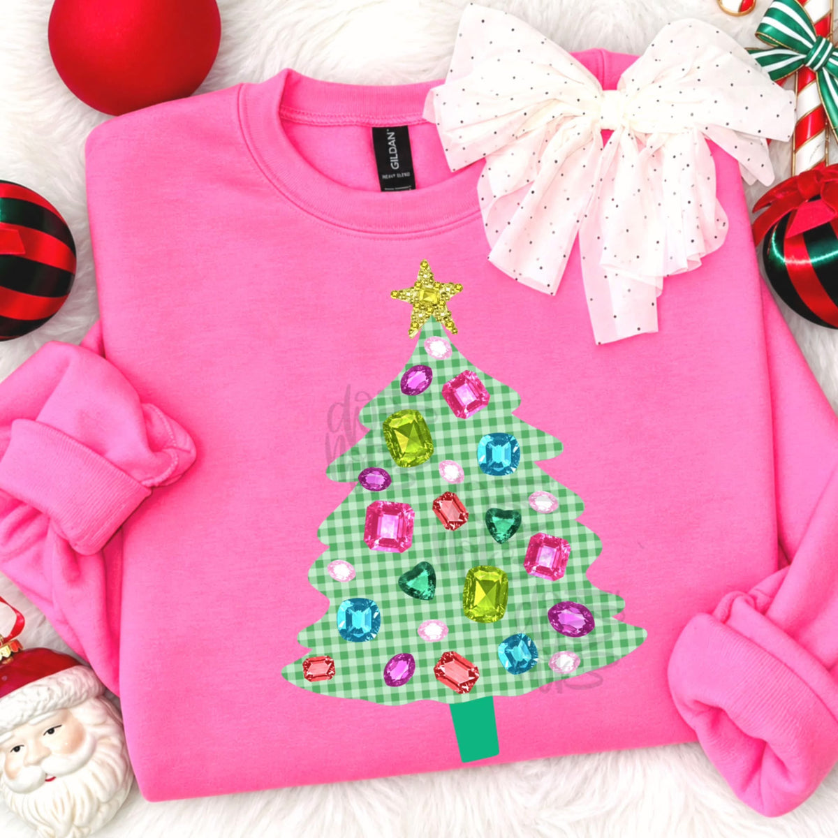 Christmas Tree with Gems - Hot Pink Crewneck