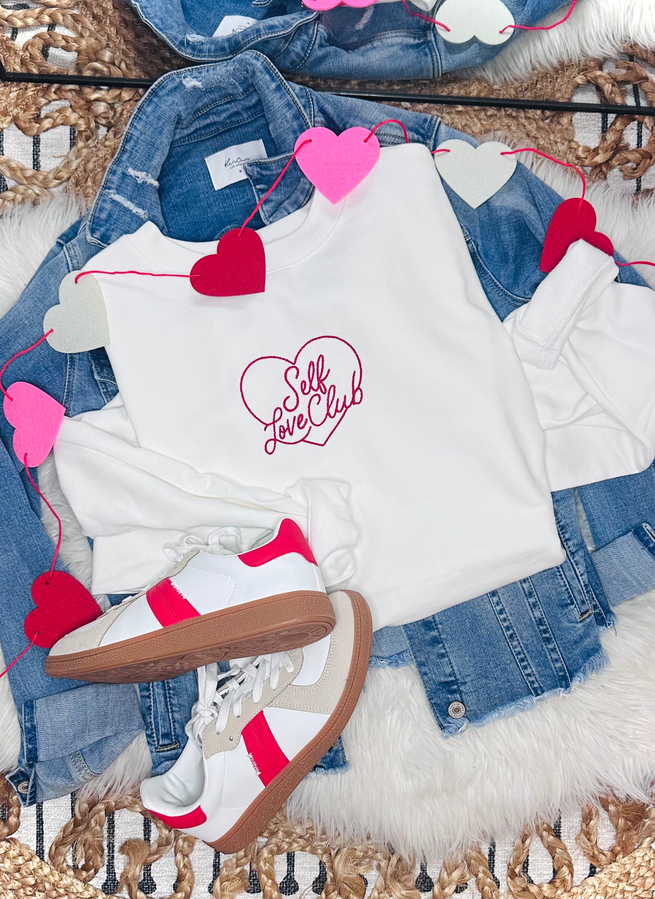 Embroidered Self Love Club - White Crewneck