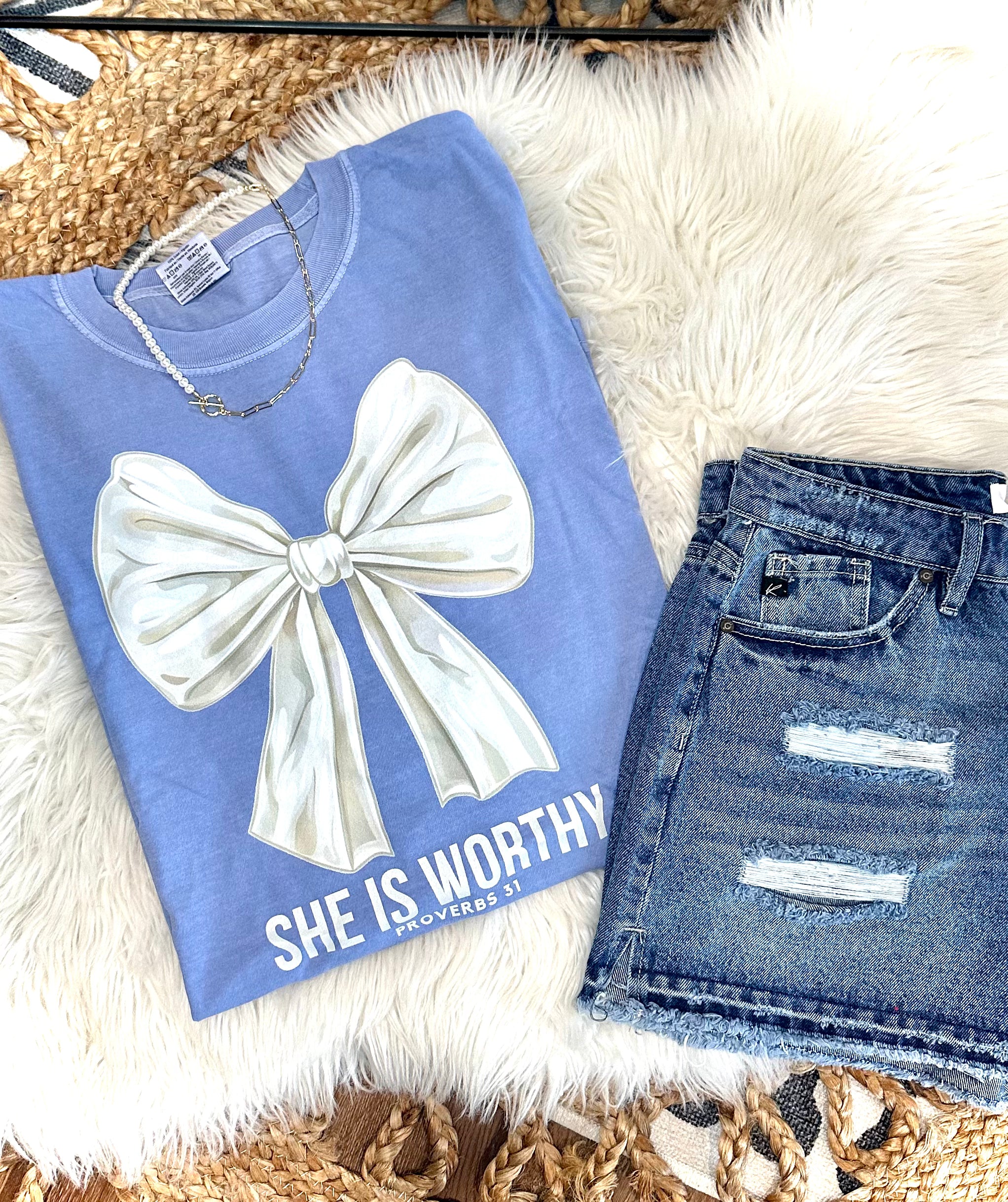 SHE IS WORTHY COQUETTE BOW - BLUE TEE