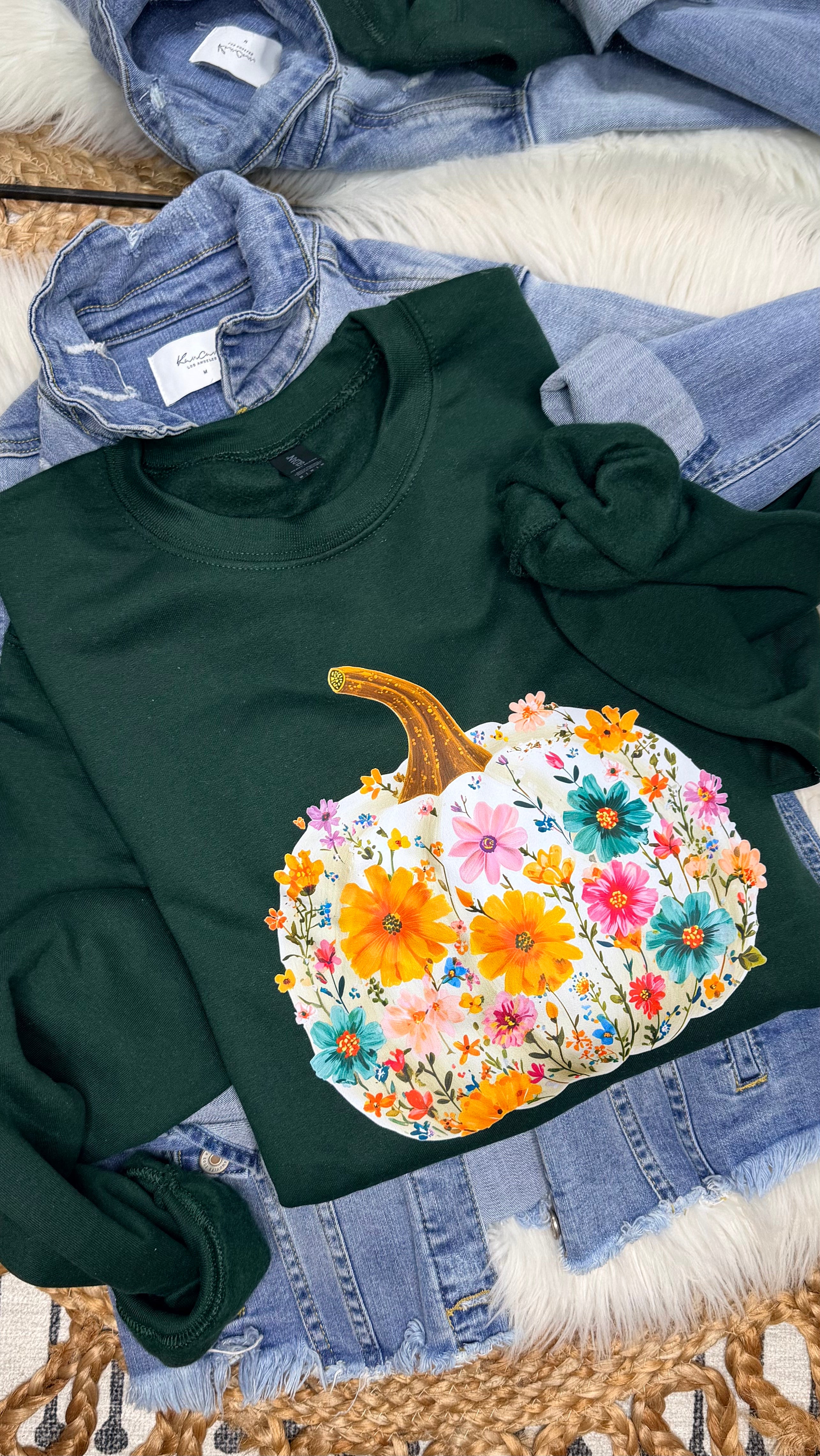 Bright Floral Pumpkin - Forest Green Crewneck