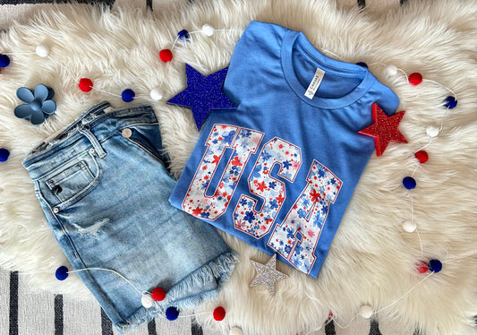 Floral USA on Royal Blue Bella Tee