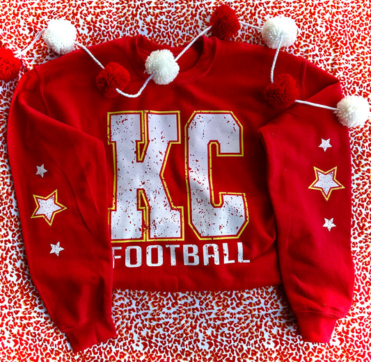 Distressed KC Block on Red Crewneck with Stars