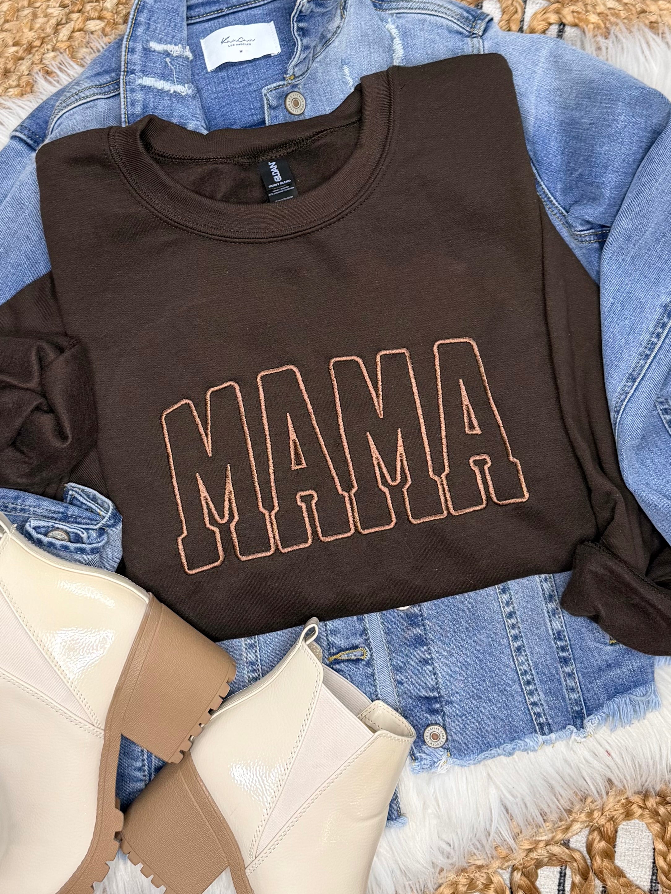 Embroidered Brown Mama on Chocolate Crewneck Sweatshirt