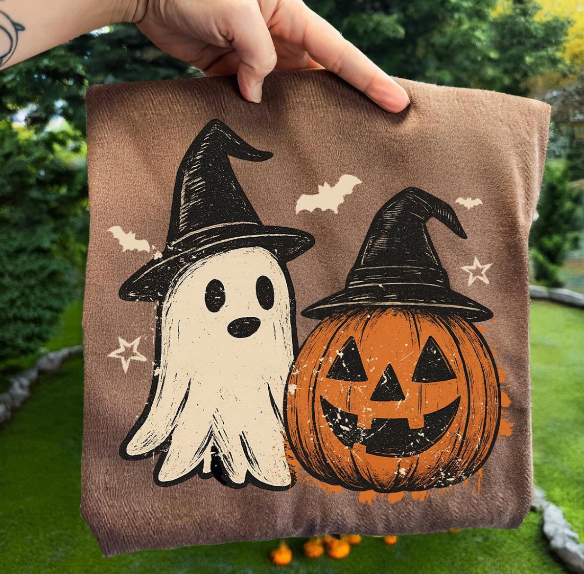 Ghost & Pumpkin with Hats - Espresso Tee