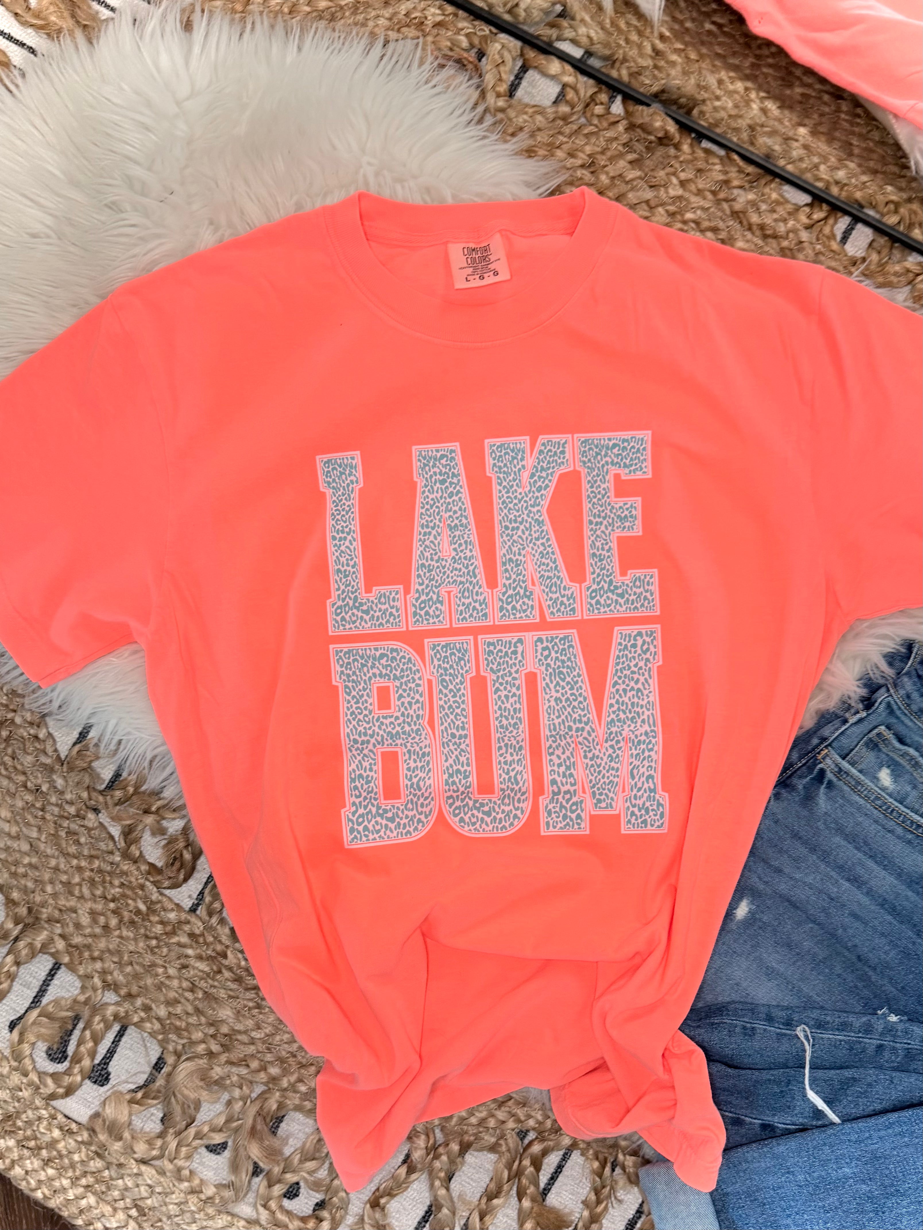 Blue Leopard Lake Bum - NEON RED ORANGE TEE