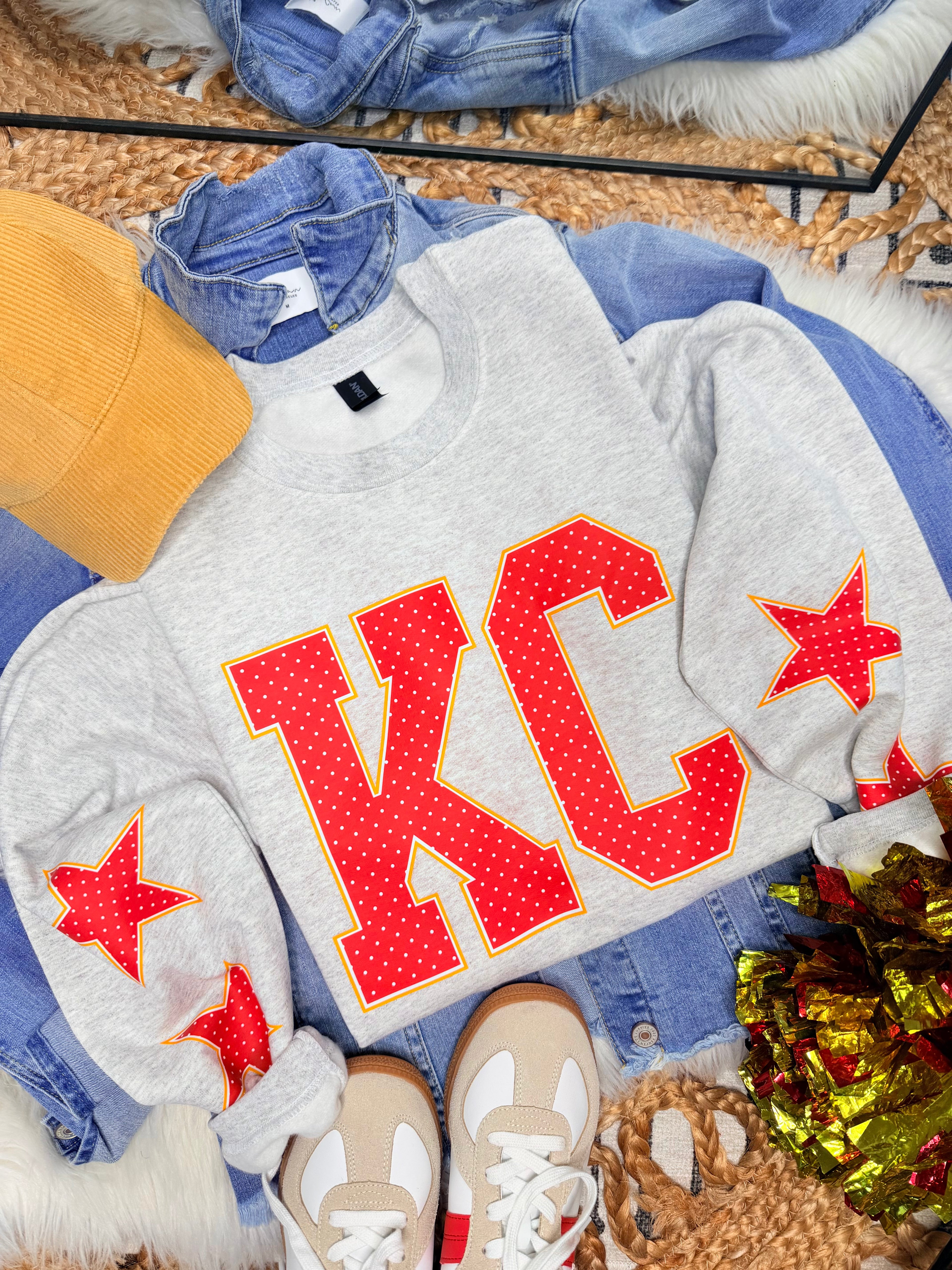 Polka Dot KC with Star Sleeves - Ash Crewneck