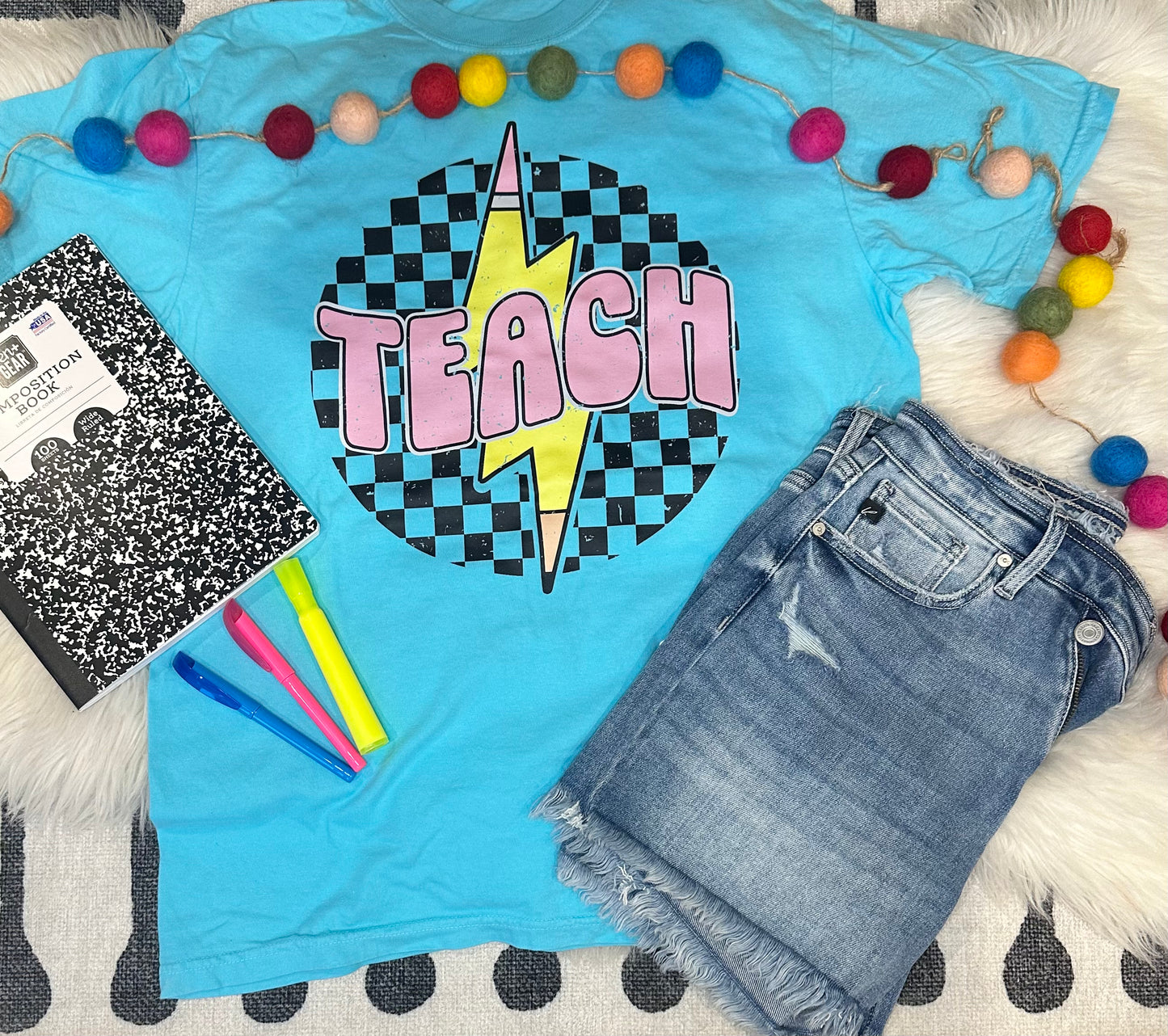 Checkered Teach Lightning Bolt Blue Comfort Colors Tee