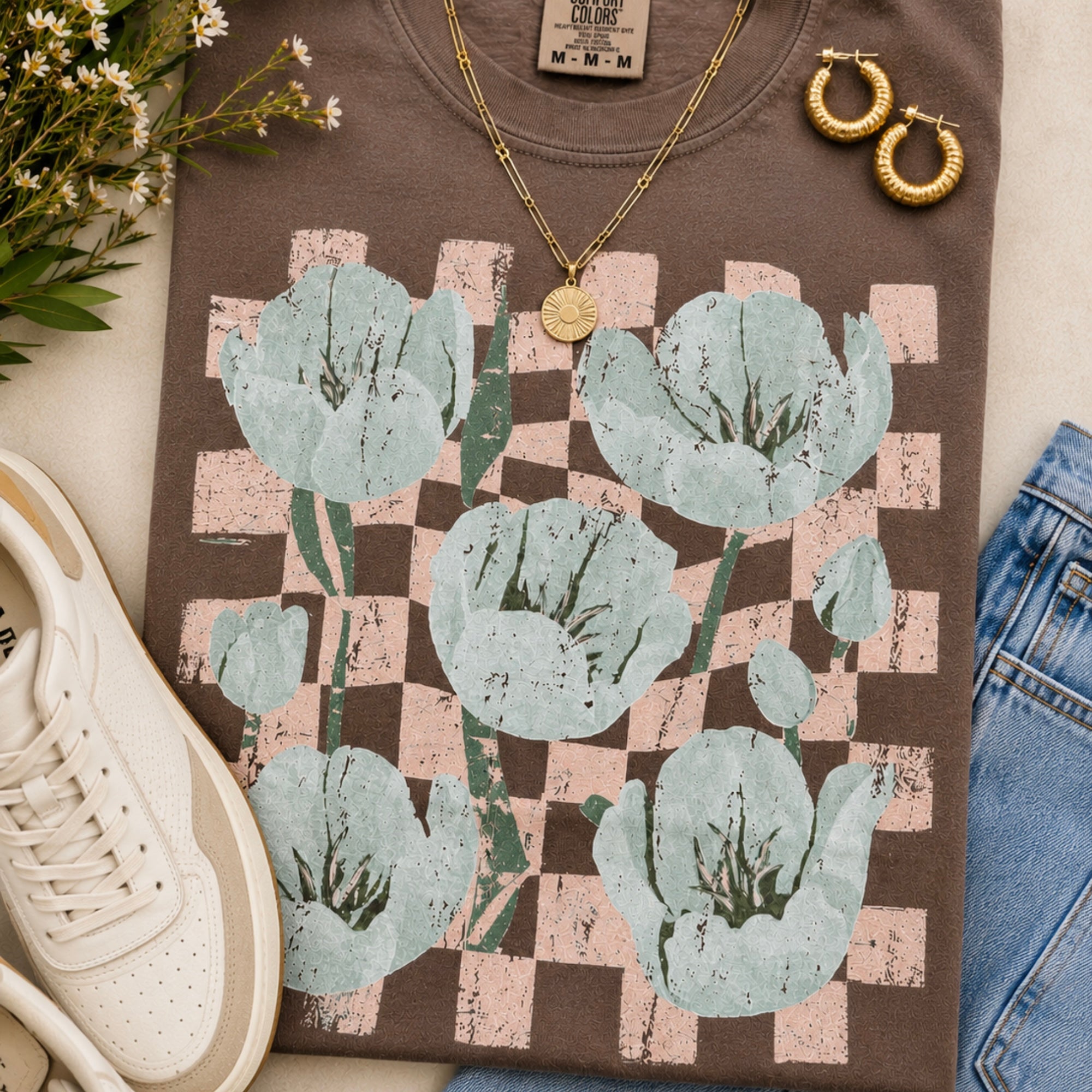 Blue Tulip with Checkered Pattern - Espresso Tee