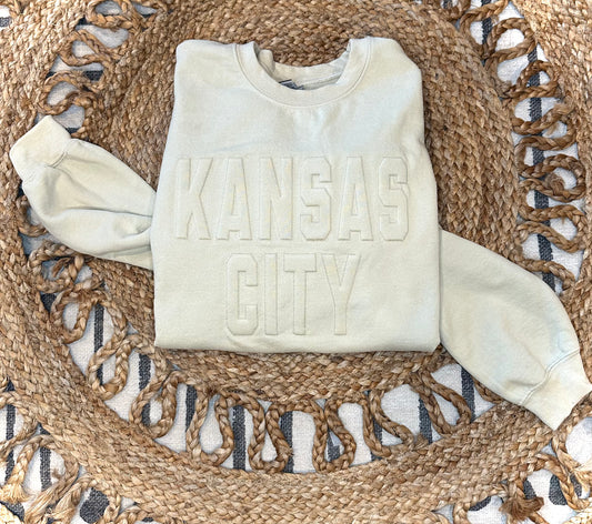 KANSAS CITY EMBOSSED + EMBROIDERED TAN CREWNECK