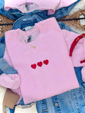 Dainty Embroidered Heart Trio - Pink Crewneck
