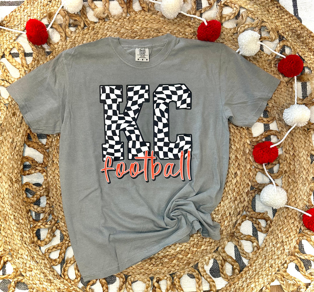 WAVY CHECKERED KC FOOTBALL- GREY TEE