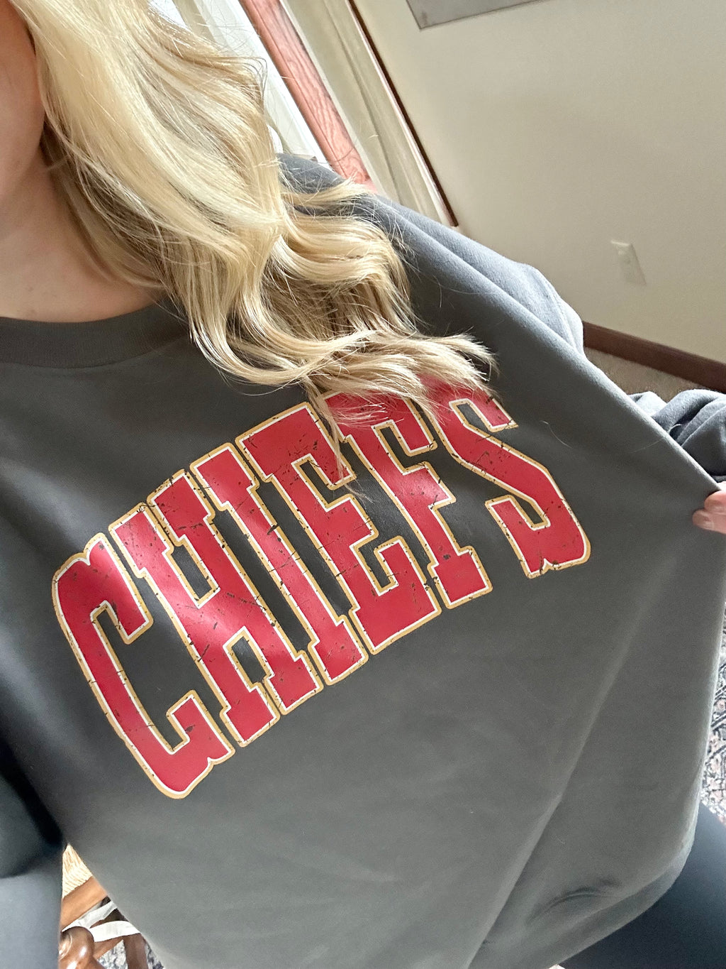 DISTRESSED RED CHIEFS - CHARCOAL CREWNECK