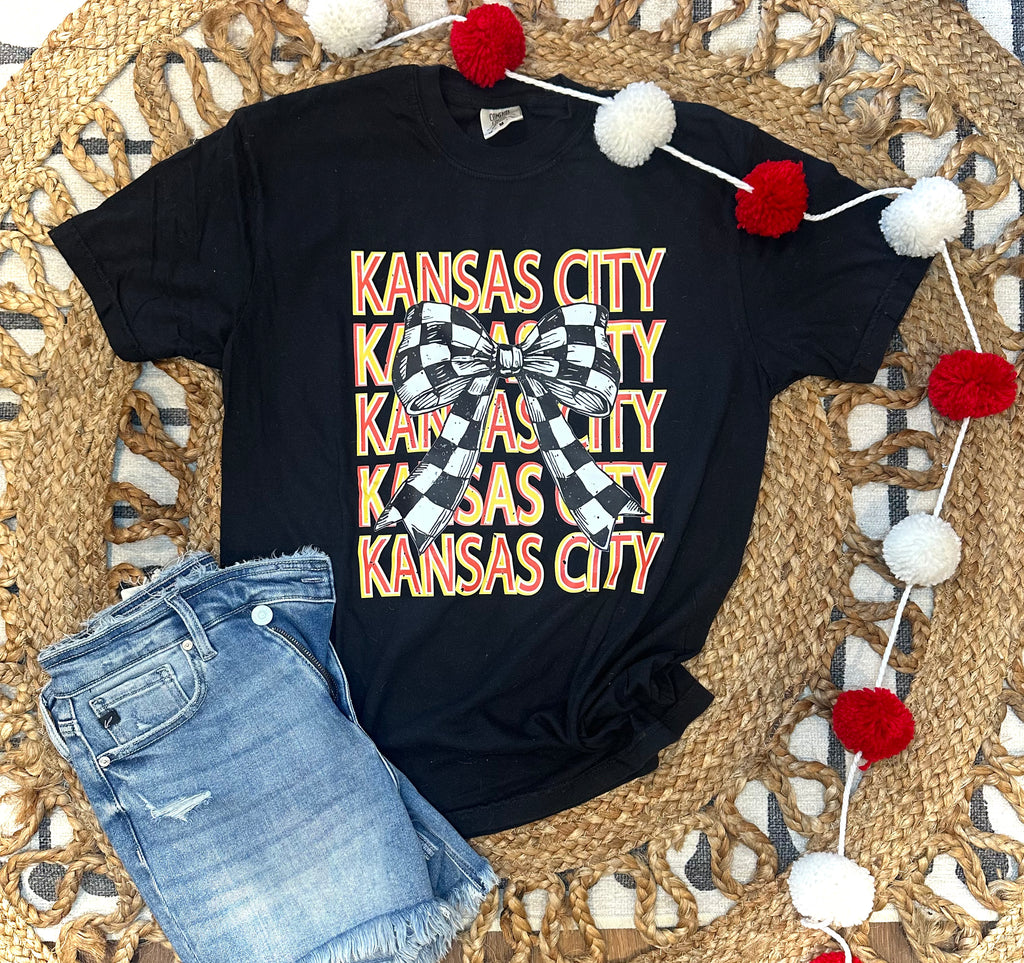 REPEAT KANSAS CITY WITH CHECKERED COQUETTE BOW - BLACK TEE