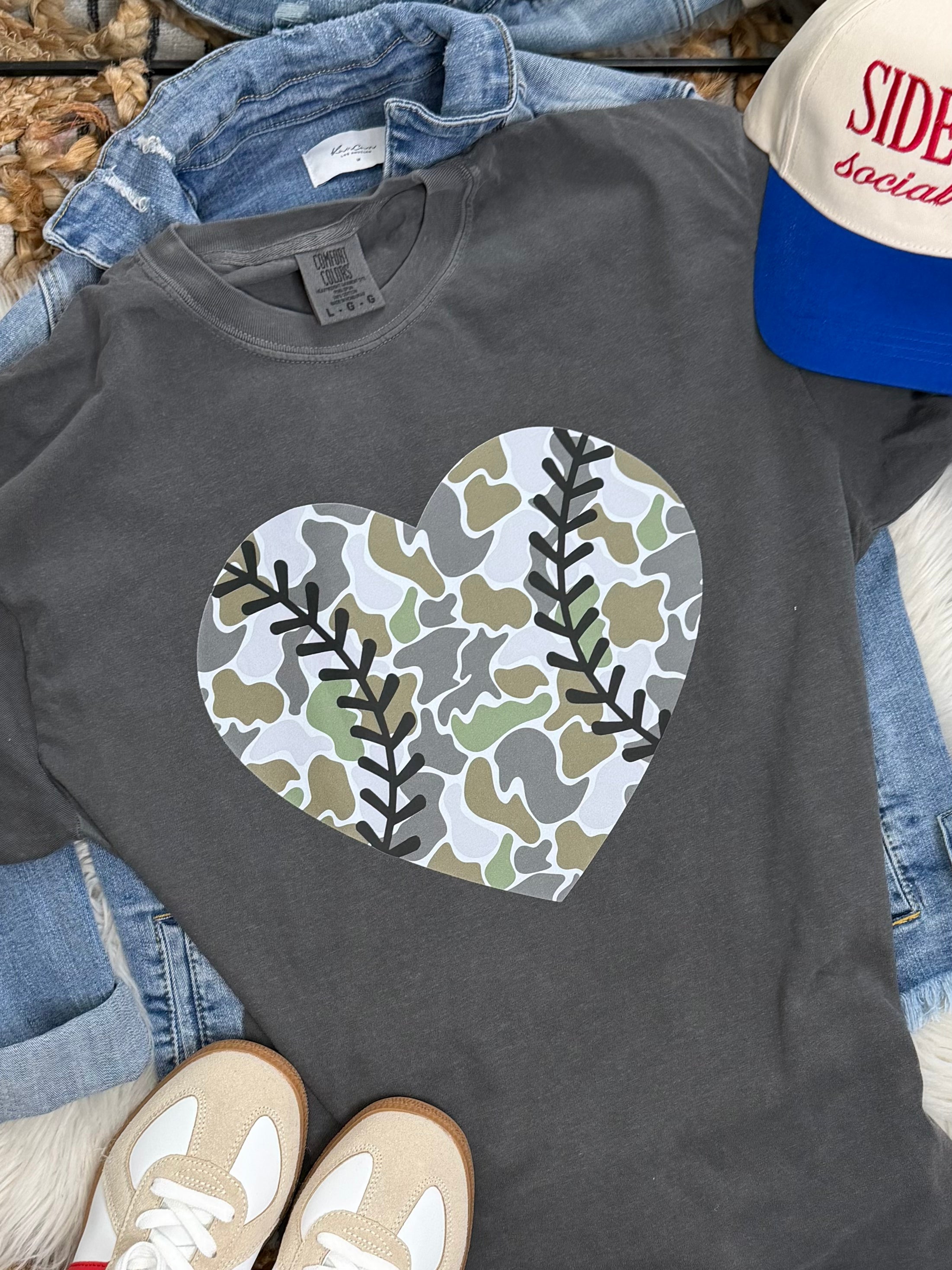 Camo Heart Baseball- Pepper Tee