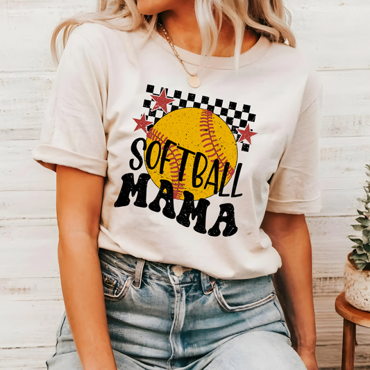 CHECKERED SOFTBALL MAMA WITH STARS - NATURAL TEE