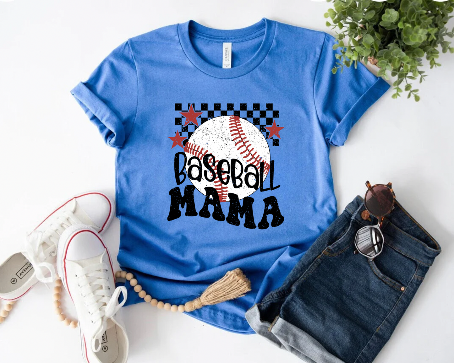 CHECKERED BASEBALL MAMA WITH STARS - BLUE TEE