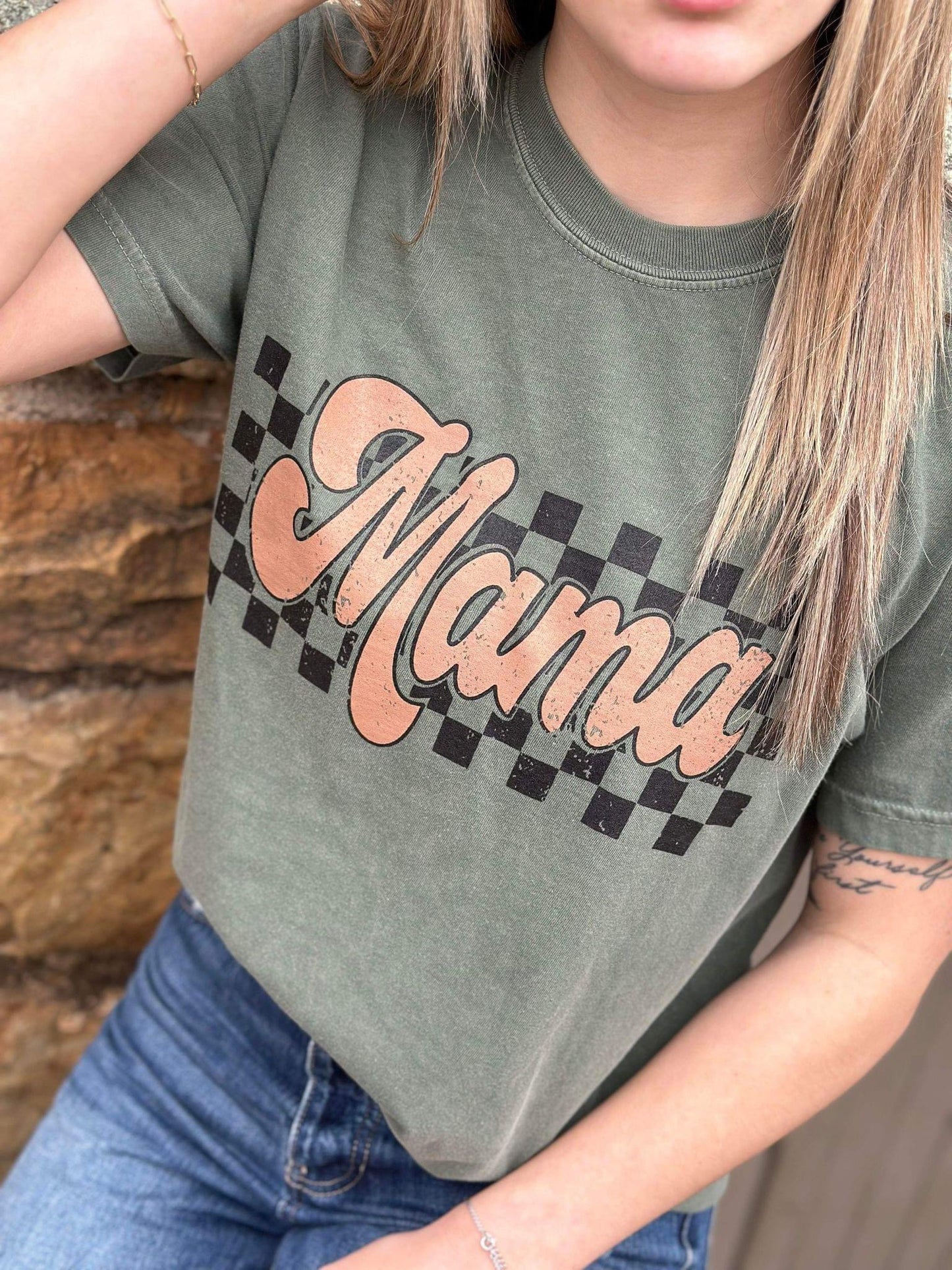 BROWN RETRO CHECKERED MAMA - MOSS TEE