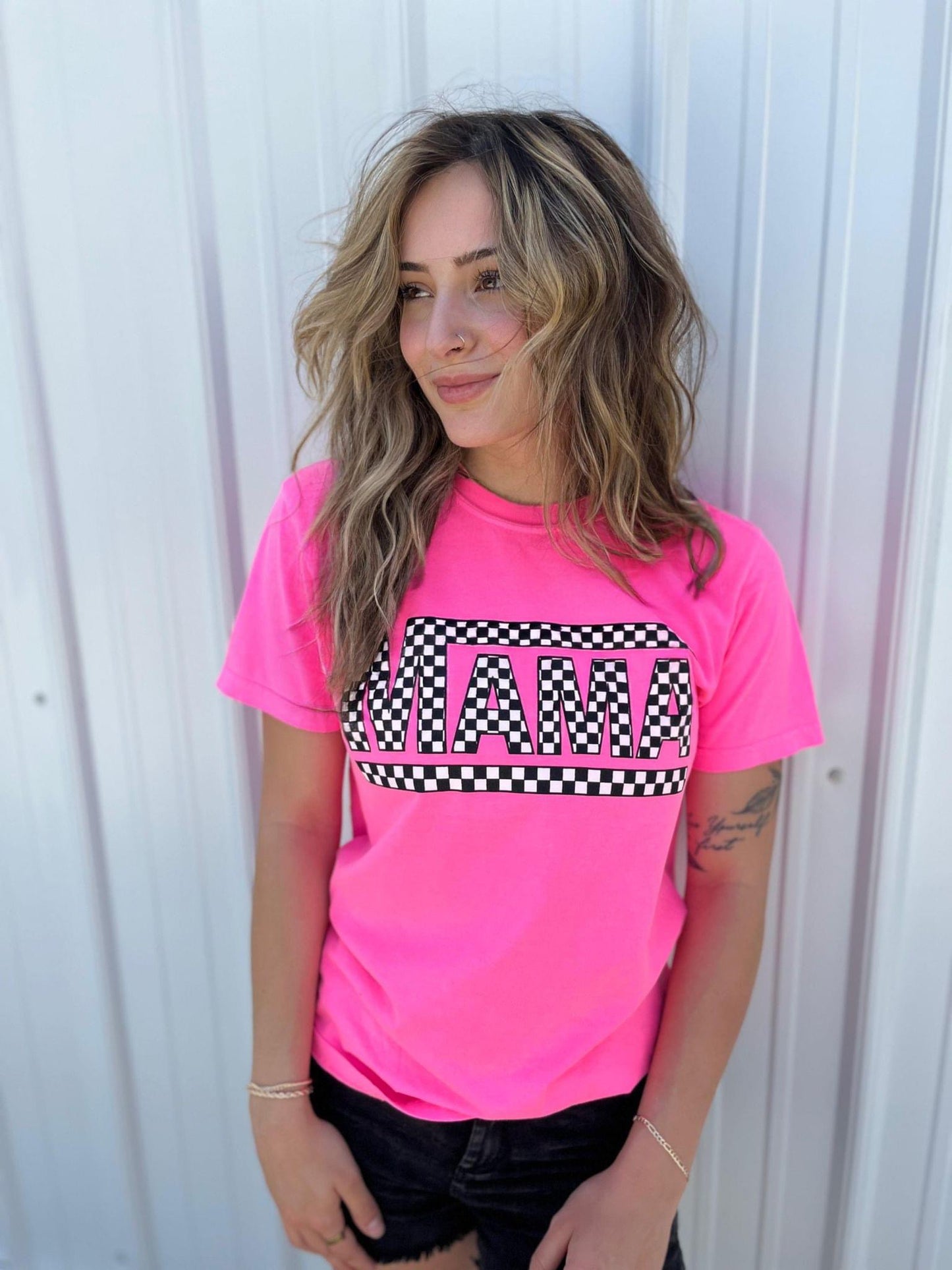 Black and White Checkered Mama - Neon Pink Tee