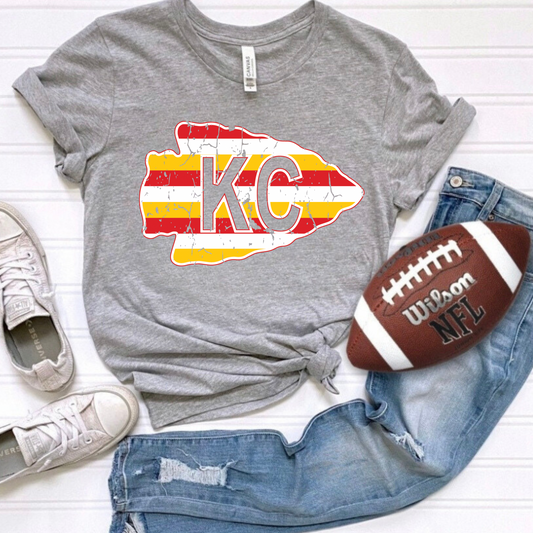 Distressed Striped KC Arrowhead Athletic Gray Bella Tee