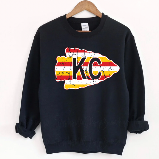 Distressed Striped KC Arrowhead Black Crewneck