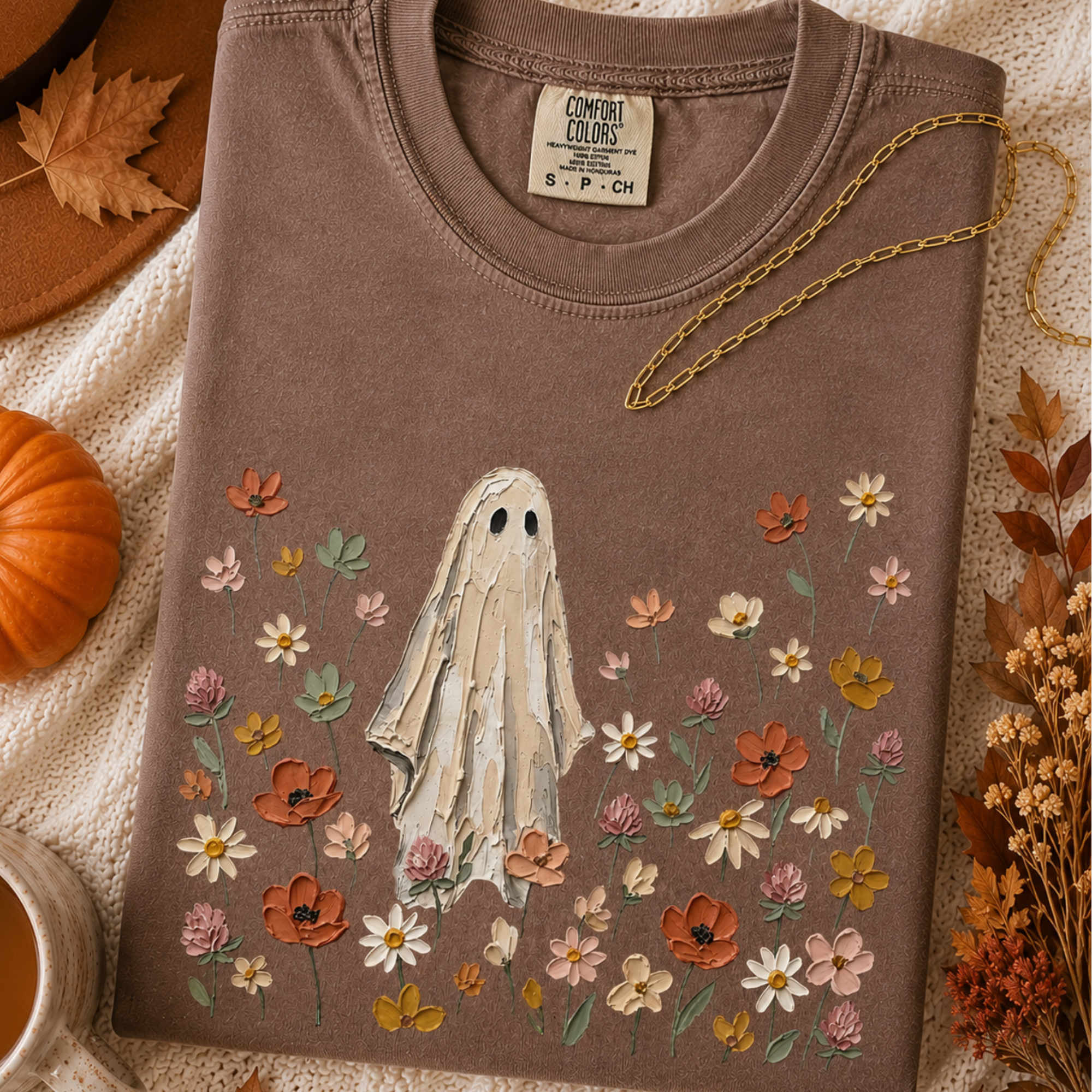 Ghost with Painted Wildflowers - Brown Tee