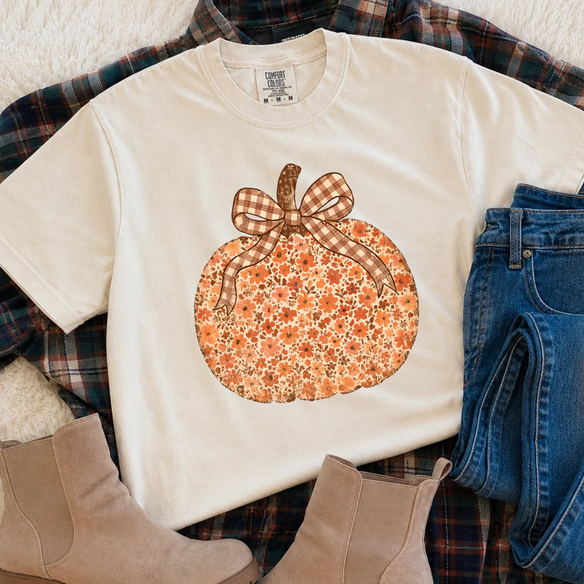 Floral Pumpkins with Checkered Bow - Ivory Tee