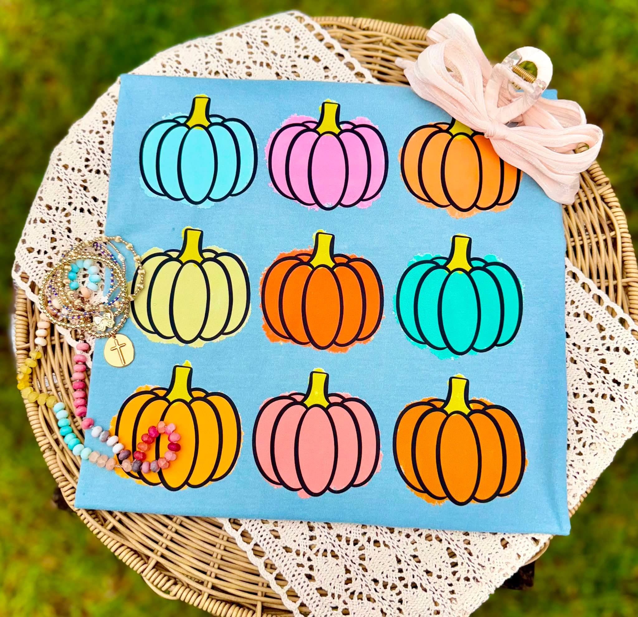 Watercolor Pumpkin Collage - Blue Tee