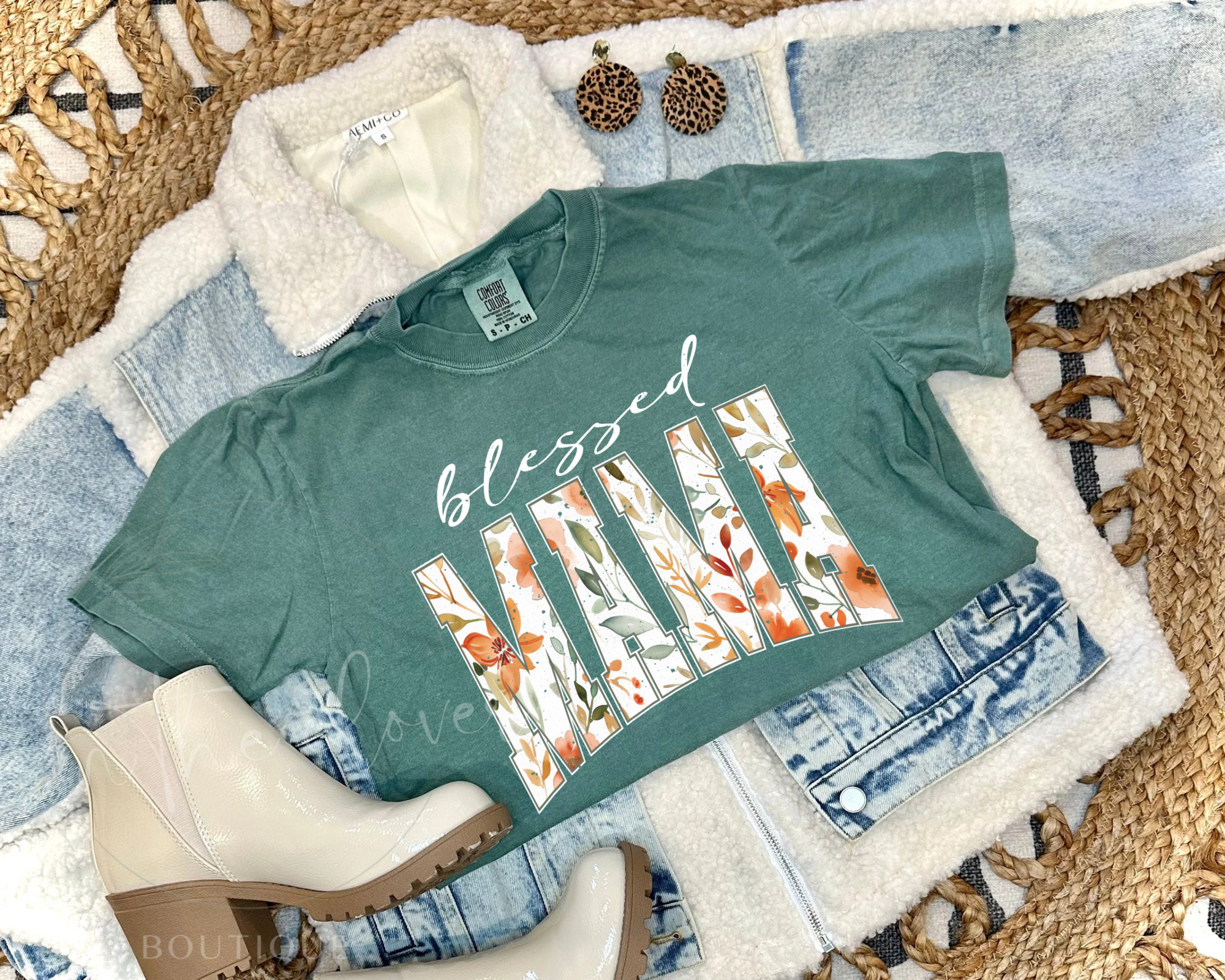 BLESSED MAMA FALL FLORAL - GREEN TEE