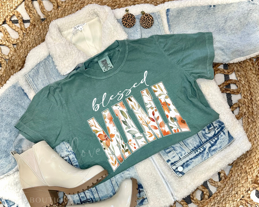 BLESSED MAMA FALL FLORAL - GREEN TEE