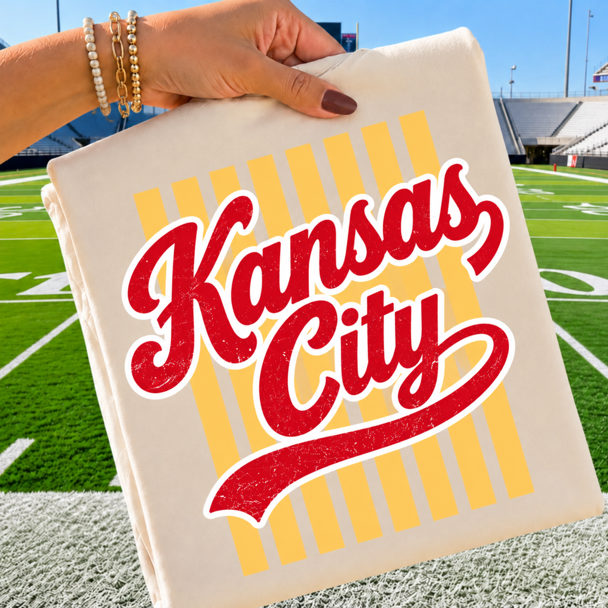 Vintage Kansas City Script with Yellow Lines - Ivory Tee