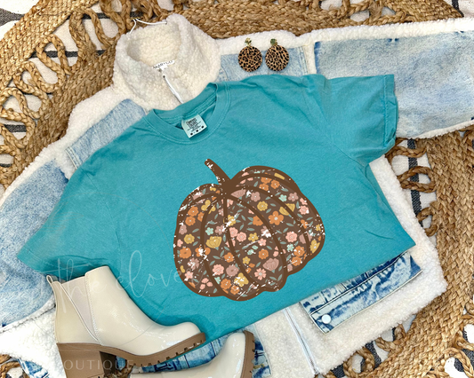 FLORAL DISTRESSED PUMPKIN - SEAFOAM TEE