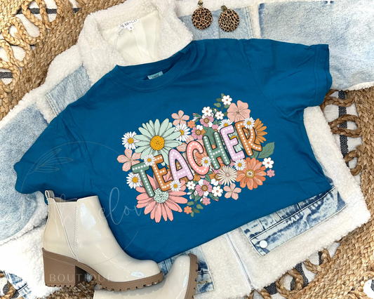 FLORAL TEACHER - BLUE TEE