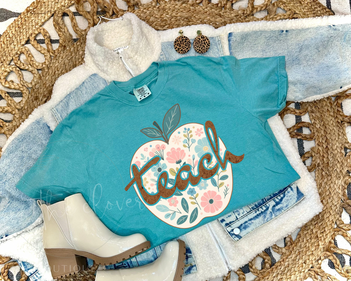 FLORAL APPLE TEACH - SEAFOAM TEE