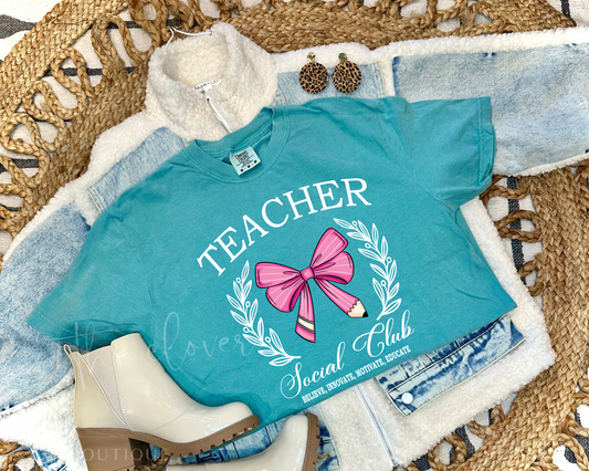 TEACHER SOCIAL CLUB (PINK BOW) - SEAFOAM TEE