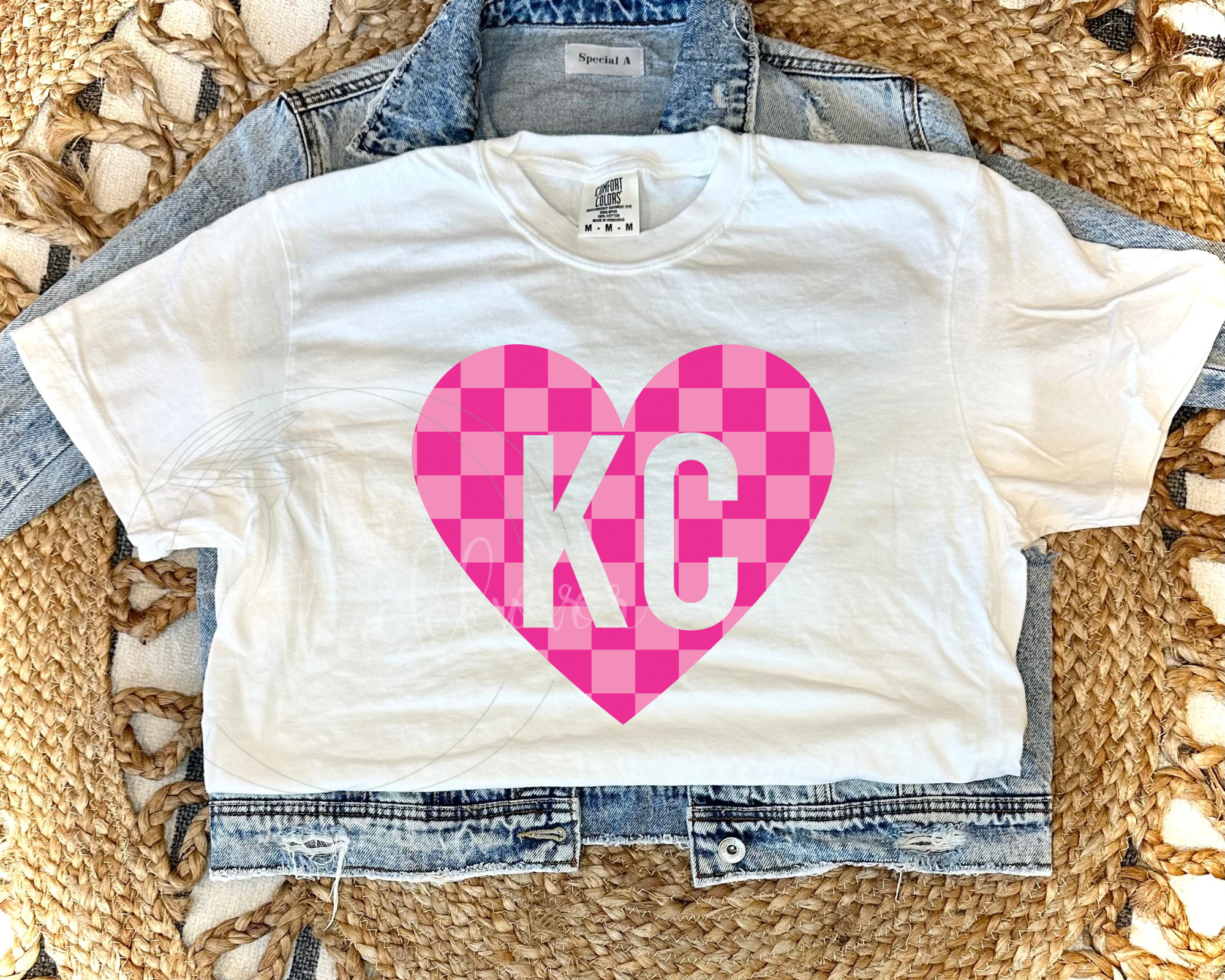 Pink Checkered Heart with KC - White Tee