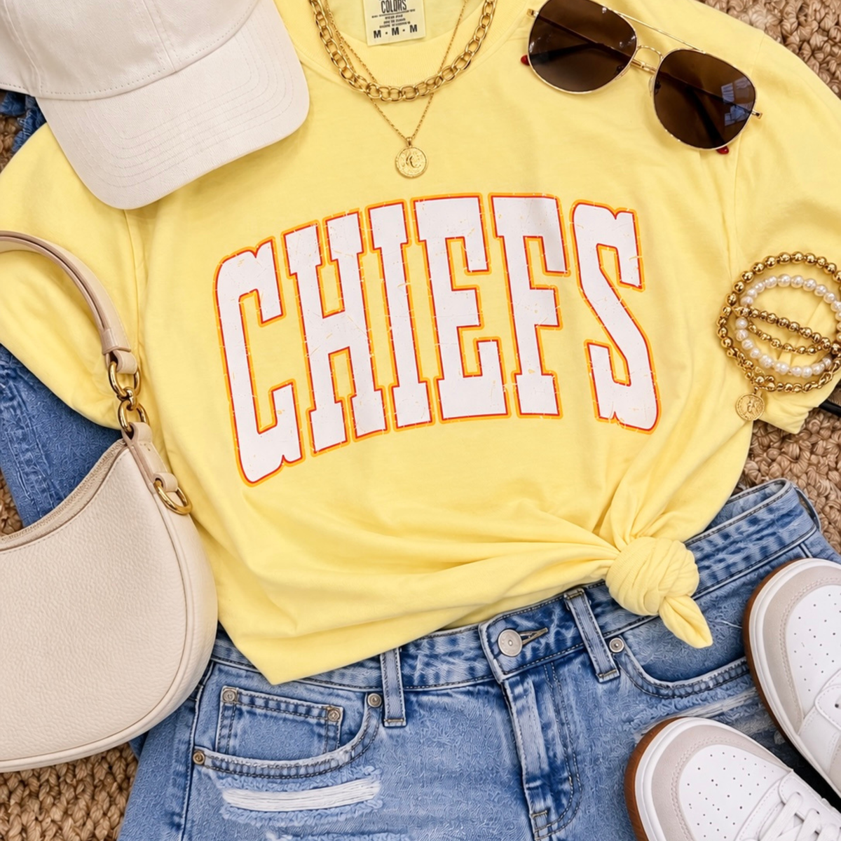Distressed White Chiefs with Red Outline - Yellow Tee