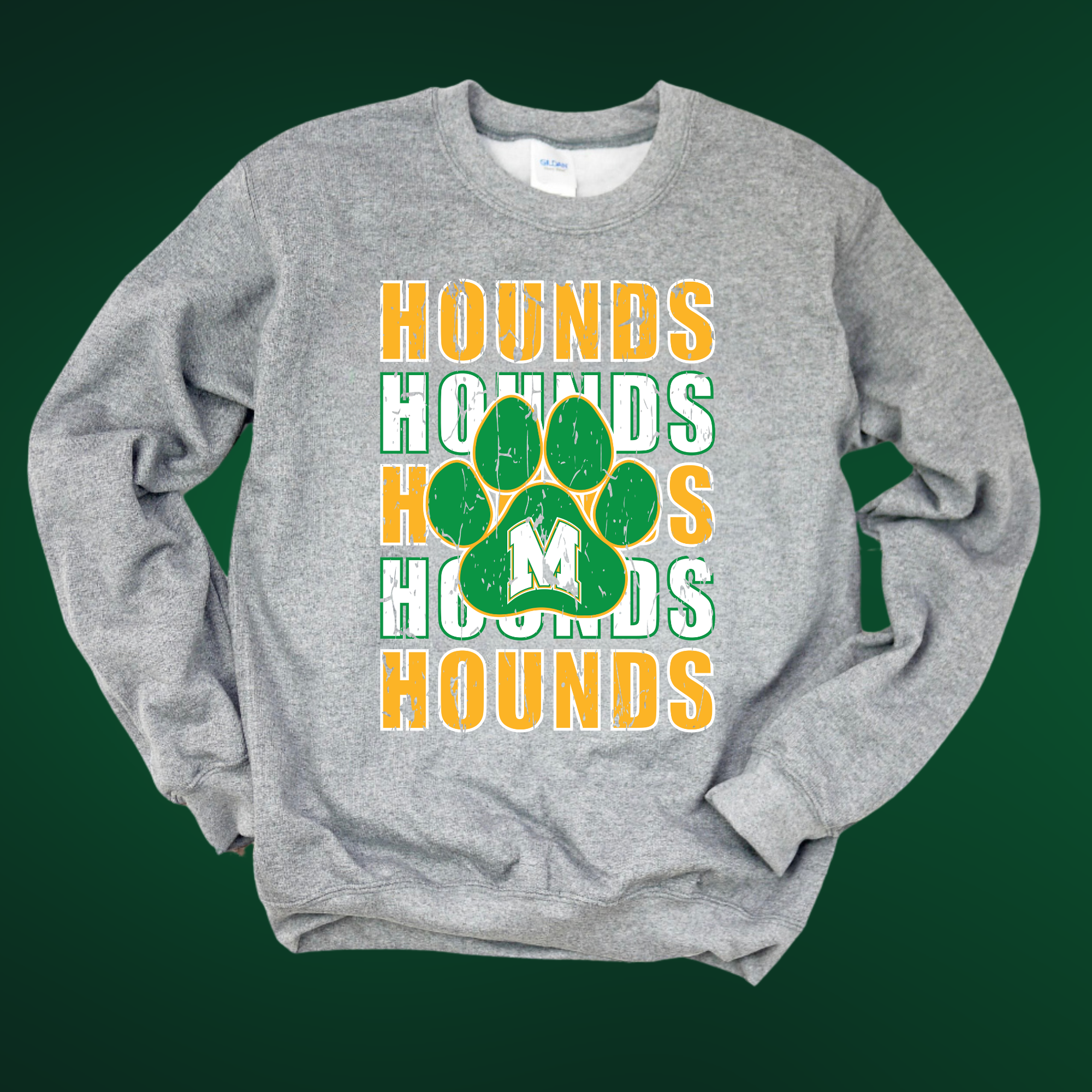 STACKED HOUNDS GREEN PAWPRINT - GRAY CREWNECK