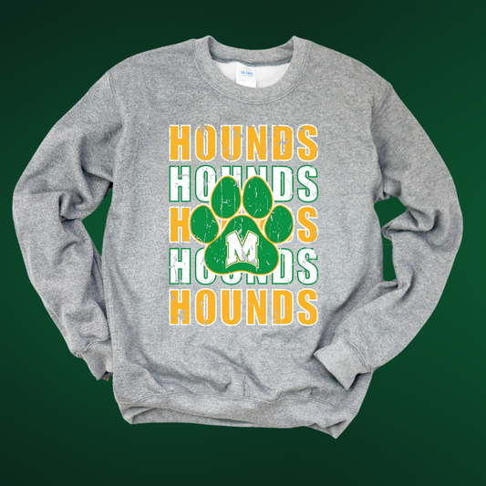 STACKED HOUNDS GREEN PAWPRINT - GRAY CREWNECK