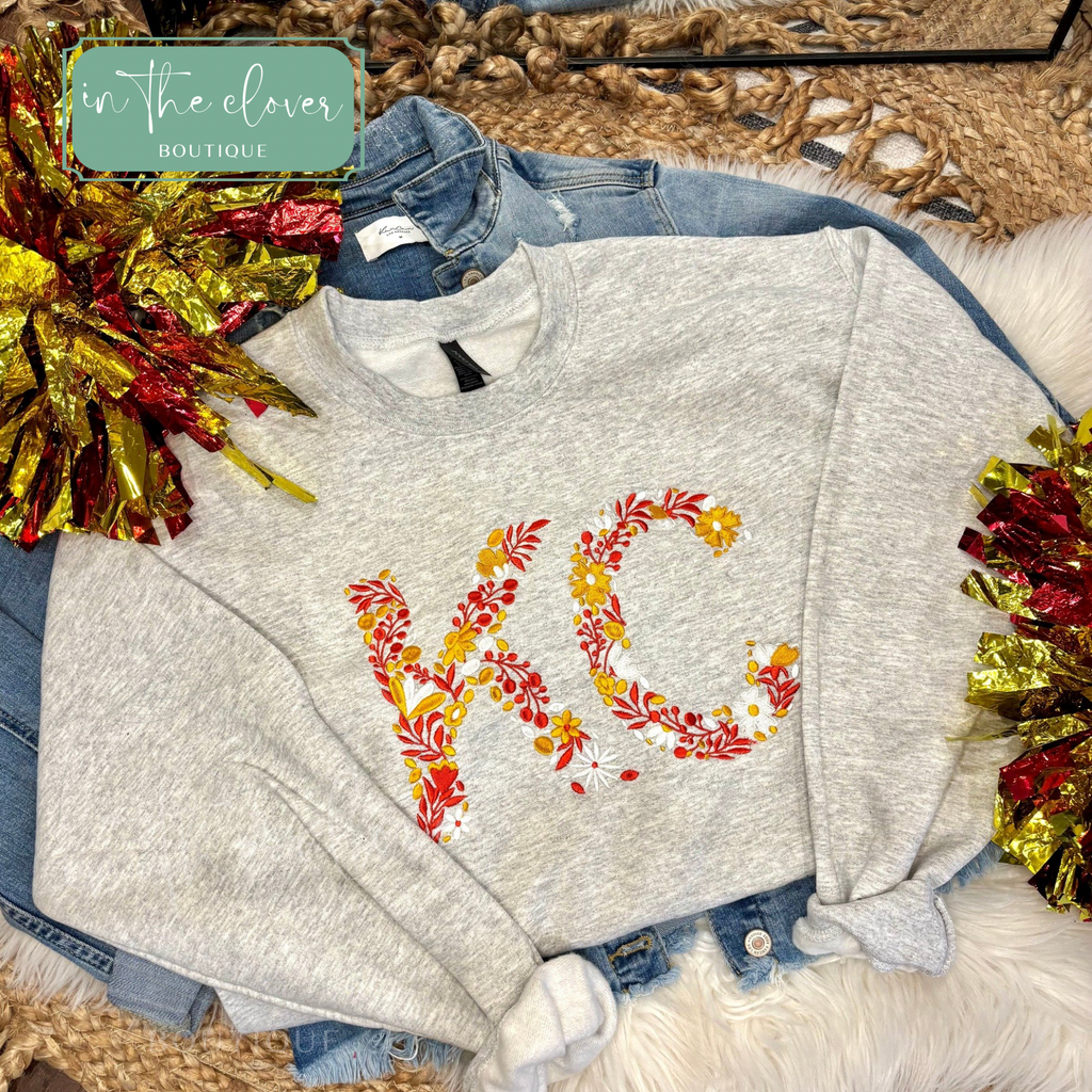 Embroidered Floral KC - Ash Crewneck