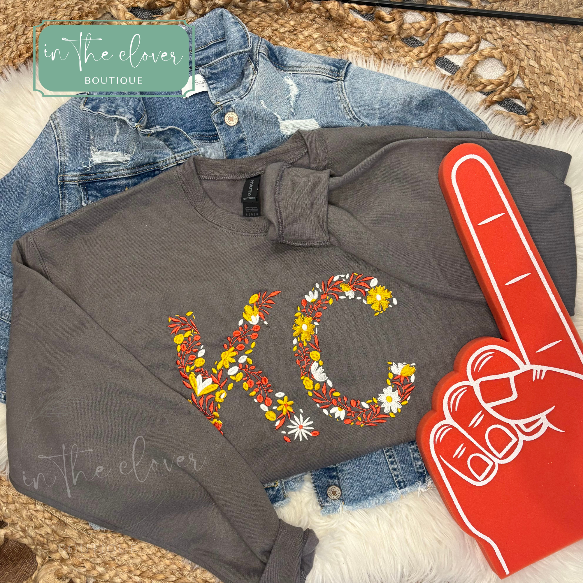 Embroidered Floral KC - Charcoal Crewneck