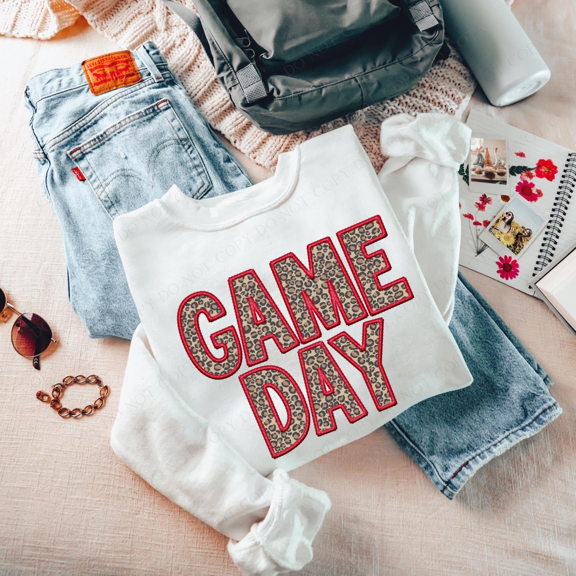 Leopard GAME DAY Red Faux Embroidery White Crewneck