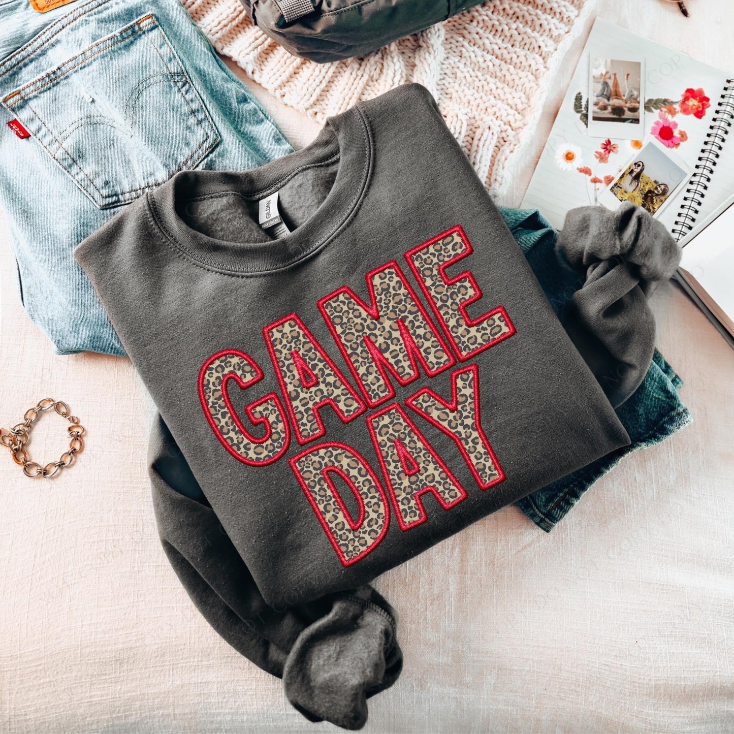 Leopard GAME DAY Red Faux Embroidery Charcoal Crewneck