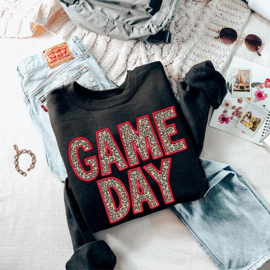 Leopard GAME DAY Red Faux Embroidered Black Crewneck