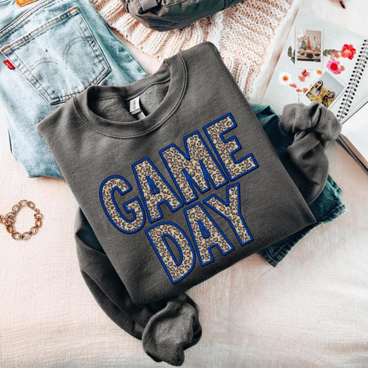 Leopard GAME DAY Blue Faux Embroidery Crewneck